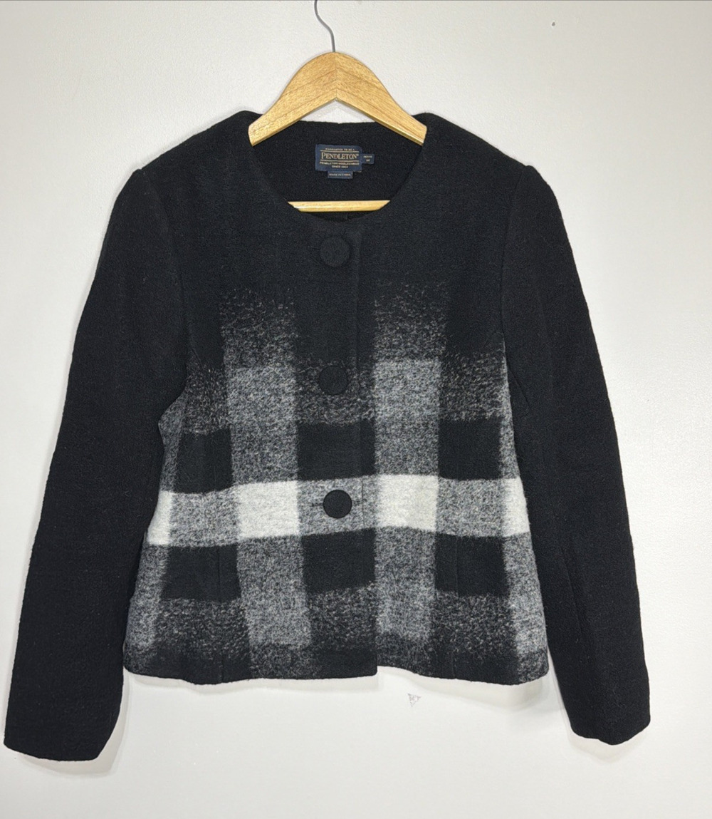 Pendleton Blazer Jacket Womens MP Black White Plaid Felted Boiled Wool Button Up